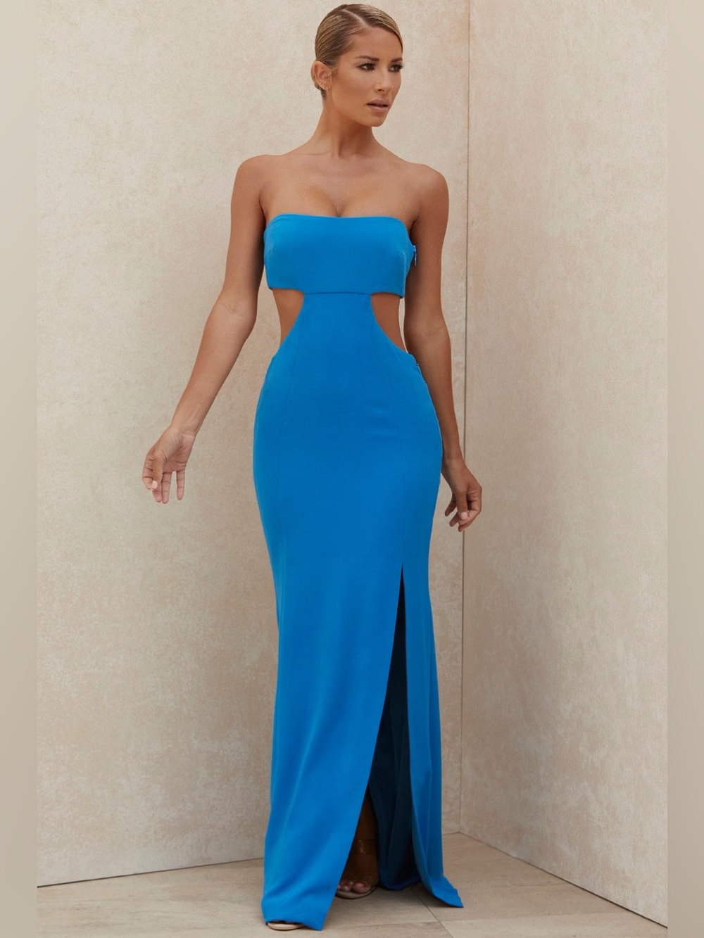 House of CB Strapless Cutout Maxi Dress in Bright Blue